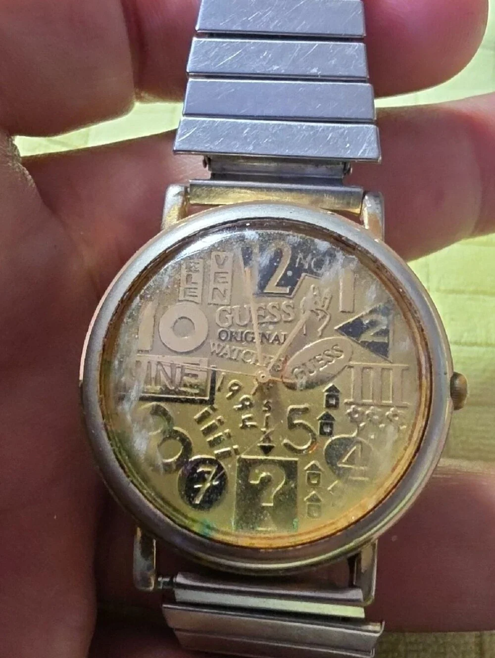 Vintage GUESS 90's Gold Tone Puzzle Dial Watch with Silver Band - Works